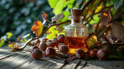 Wall Mural - a glass bottle of hazelnut oil stands on a wooden table next to a walnut tree
