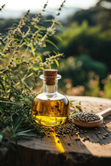 Wall Mural - hemp oil in a glass bottle on a wooden table next to hemp seeds and flowering hemp plants