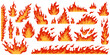 Cartoon fire. Red flame. Differently curved burning. Different directions and intensity. Bonfires or fiery borders. Orange blaze. Inferno element. Hot temperature. Recent vector set