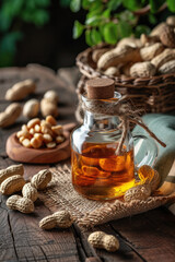 Wall Mural - a glass bottle of peanut butter on a wooden table next to peanut seeds and foliage