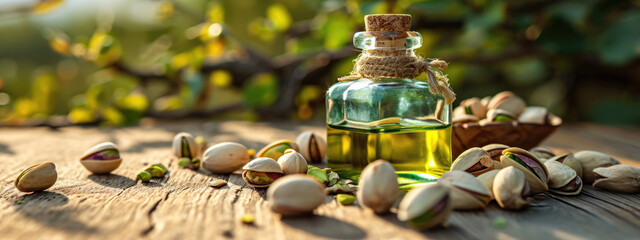 Wall Mural - oil from pistachio nuts on a wooden surface next to the nuts on the background of the tree