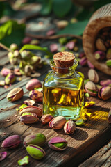 Wall Mural - oil from pistachio nuts on a wooden surface next to the nuts on the background of the tree