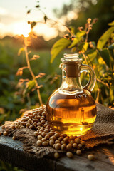 Wall Mural - a glass bottle of mustard oil on a wooden table next to a poured mustard seed in the background of a