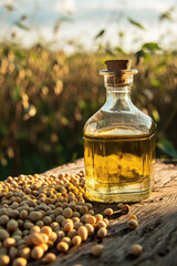 Wall Mural - a glass bottle of mustard oil on a wooden table next to a poured mustard seed in the background of a
