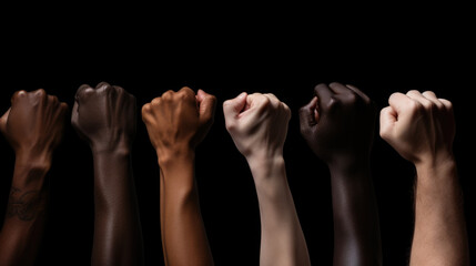 Wall Mural - clenched fist of different times and nationalities raised up on a dark background