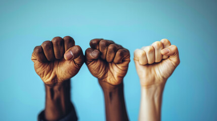 Wall Mural - clenched fist of different times and nationalities raised up on a blue background
