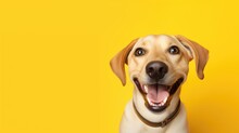 Smile Puppy Dog Isolated On The Yellow Background With Space For Text