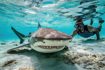 Wall Mural - a shark underwater next to a scuba diver.