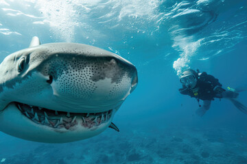 Wall Mural - a shark underwater next to a scuba diver.
