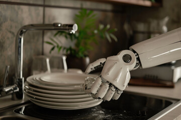 Wall Mural - robot arm stacks plates, washes dishes in the kitchen, kitchen helper