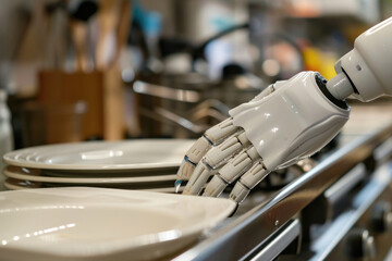 Wall Mural - robot arm stacks plates, washes dishes in the kitchen, kitchen helper