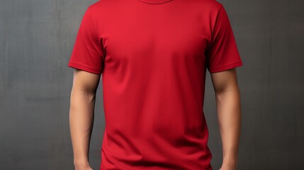 Red t shirt mockup template for design print studio   bright shot of man isolated on light gray wall