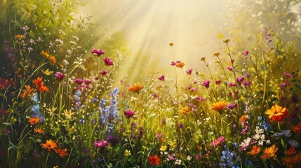 Wall Mural -  a painting of a field of wildflowers with the sun shining through the trees in the backround.