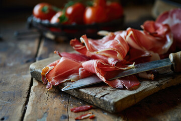 Wall Mural - sliced jamon on a wooden board with a knife