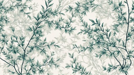 Sticker -  a close up of a wallpaper with a pattern of green leaves and branches on a white wallpaper background.