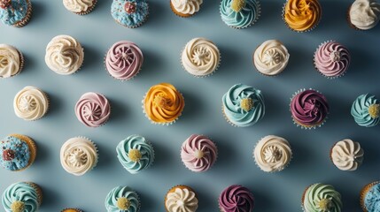 Wall Mural -  a bunch of cupcakes with different colored frosting on top of each cupcake on a blue surface.