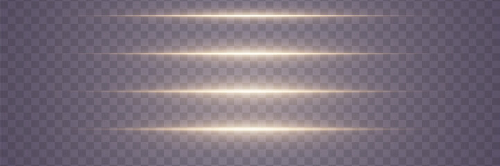 set of light effects on a transparent background. golden horizontal glowing neon lines. golden glowi