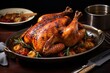 Roasted Turkey in Pan on Table - Juicy Thanksgiving Turkey Ready to Serve, A roasted chicken with golden-brown skin on a serving platter, AI Generated