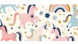 a pattern of unicorns and stars in pastel pink, blue, yellow, and green on a white background.
