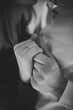 © Serhii - Marriage proposal. Will you marry me. She said yes. A couple hand with wedding ring. Love concept. Elegant template for design for Valentine's Day. Engagement ring. Black and white photo.