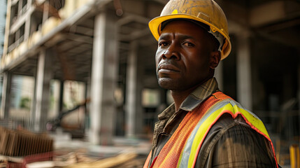 Wall Mural - Portrait of a black construction worker dressed in work uniform and wearing a hard hat. He is posing at his work site, a building under construction