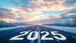 2025 new year at beautiful empty highway at sunrise, generative ai