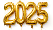 © Saleem - 2025 balloon text on white background. Happy New year eve invitation with Christmas gold foil balloons 2025. Flat lay long web banner