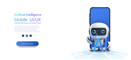 Poster - Adorable 3D Robot Mascot with AI Lettering Presenting Modern Smartphone Technology Concept. Neural network of a digital brain, AI server and robot technology, synthetic bot intelligence. Vector