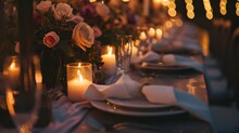 Festive Table Setting Candles For Wedding Party And Dinner. Setting Table Row Chair Flower Reception Party