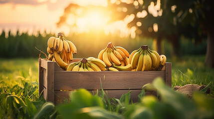 Yellow bananas in to a wooden box over the grass