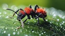 Red Velvet Ant In The Morning Dew On A Green Background.