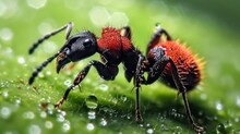 Red Velvet Ant In The Morning Dew On A Green Background.