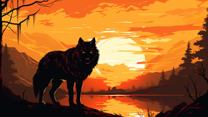 Wall Mural - Silhouette of wolf at sunset Background