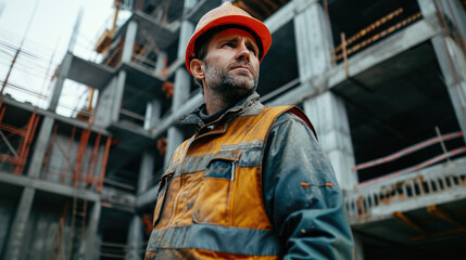 Wall Mural - Portrait of a construction worker dressed in work uniform and wearing a hard hat. He is posing at his work site, a building under construction