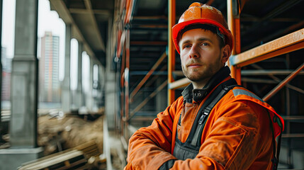 Wall Mural - Portrait of a construction worker dressed in work uniform and wearing a hard hat. He is posing at his work site, a building under construction