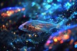 Transparent fish with iridescent scales swimming in a blue, sparkling underwater environment.