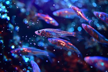 Colorful neon tetra fish swimming in a dark aquarium with illuminated blue water and bubbles.