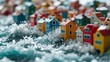 © shooreeq - A huge wave washes away a toy town made of cubes