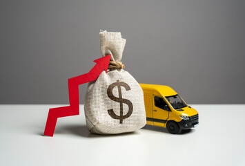 Wall Mural - Delivery van and dollar money bag with red arrow up. Increased profits when delivering online orders. Transport industry. Trade and sale of goods. High customer costs for online shopping.