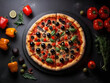 © MUHAMMAD - pizza with tomatoes and olives, pizza with mushrooms ,pizza on a board,  pizza on dark background