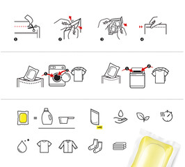 Laundry gel capsule pod for washing machine with set icons. Vector illustration isolated on white background. Ready for your design. EPS10.	