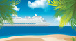 Cruise ship near the island with palm trees in the Caribbean. Early travel booking. Travel banner. copy space.