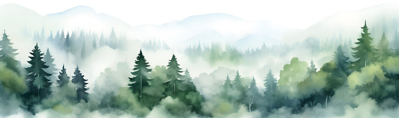 Wall Mural - Hand drawn watercolor green mountain landscape