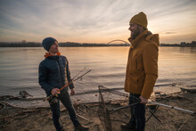 Father And Son Are Ready For Fishing On Winter Day. Freshwater Fishing.
