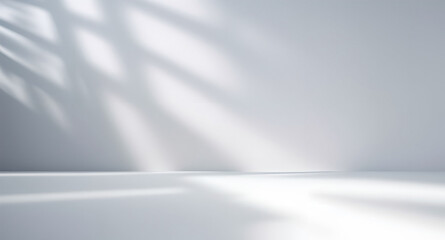 Poster - Minimalistic abstract light gray background for product presentation with light and intricate shadow from window on wall.