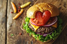Homemade Heart Shaped Hamburger With Beef, Tomato And Lettuce On Wooden Background