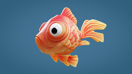 Concept art character of a sad little сute cartoon kawaii funny spherical goldfish with big bulging eyes, yellow belly and red back, round stylized scales floats in the air. 3d render on blue backdrop