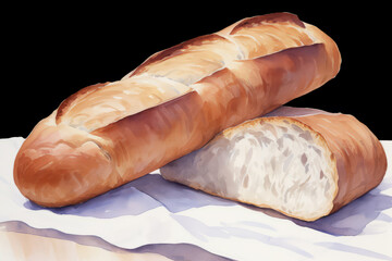 Two loaves of bread on a white cloth. Isolated on black background.