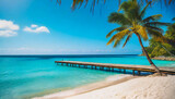 Fototapeta Sypialnia - Paradise beach with a wooden pier and tropical palm trees