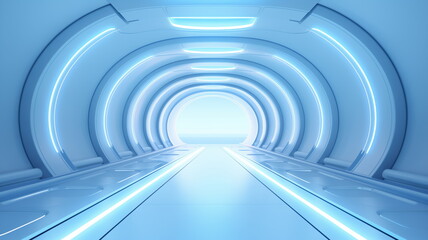 Wall Mural - corridor tunnel of space station ship, glowing futuristic panels of blue color, metal walls reflecti